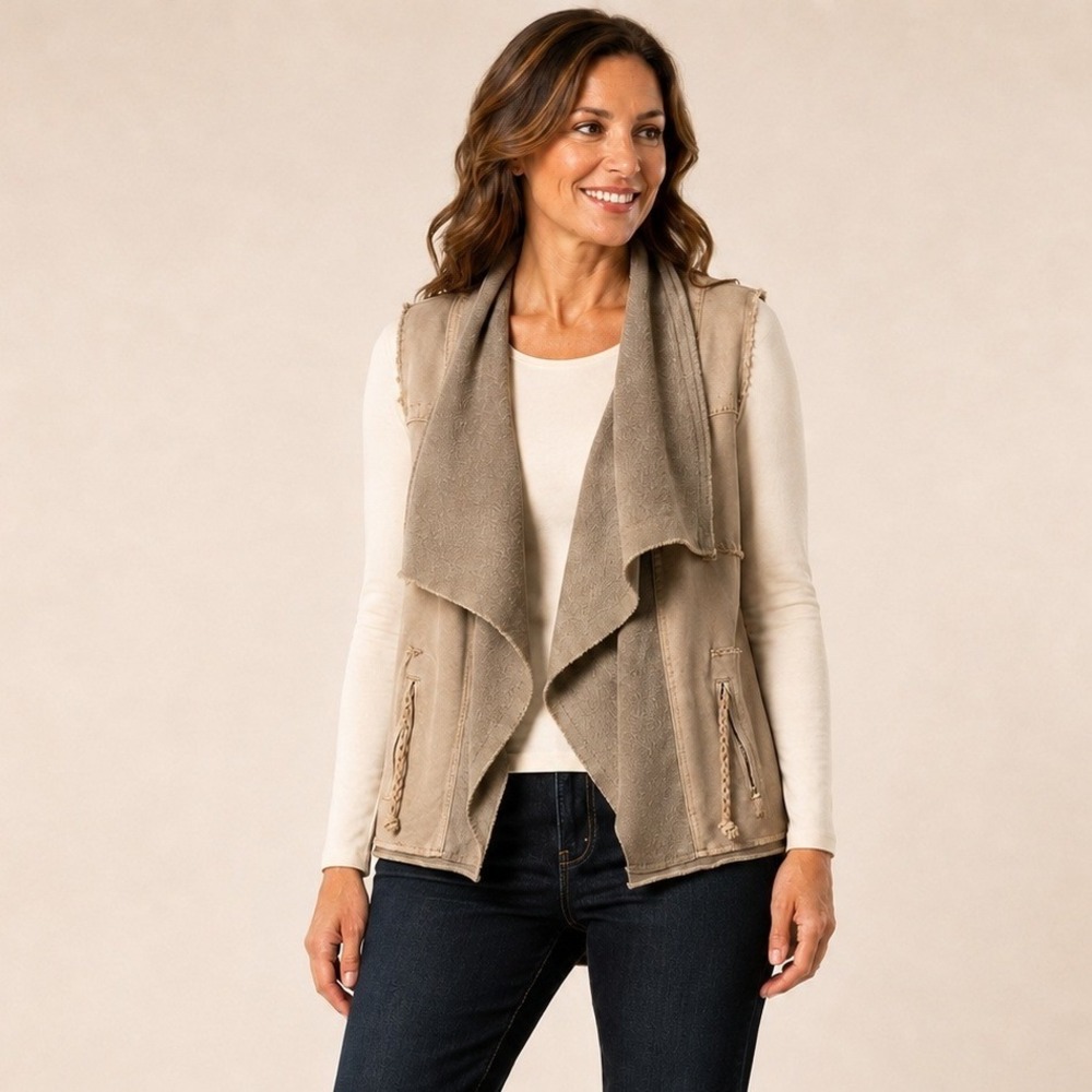 BKE Women L Beige Draped Waterfall Vest Zip Pockets Raw Edge Boho Lagenlook